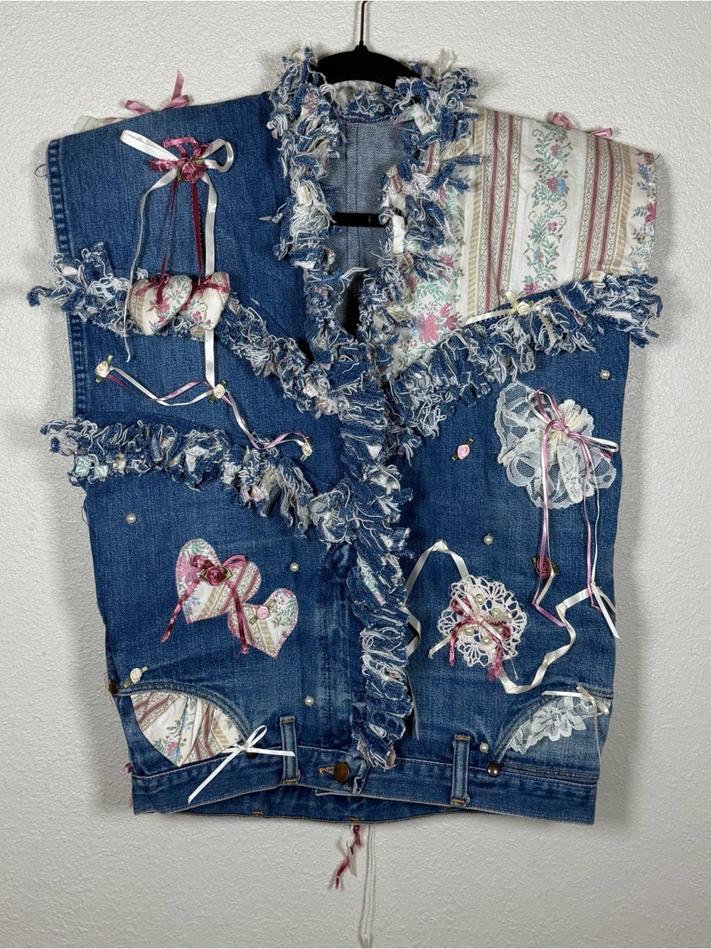 Upcycled Handmade Wrangler Jeans Denim Vest Cottagecore Grannycore Doily Lace